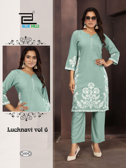 Lucknavi Vol 6 Blue Hills Rayon 14Kg Kurti Pant Set Exporter India