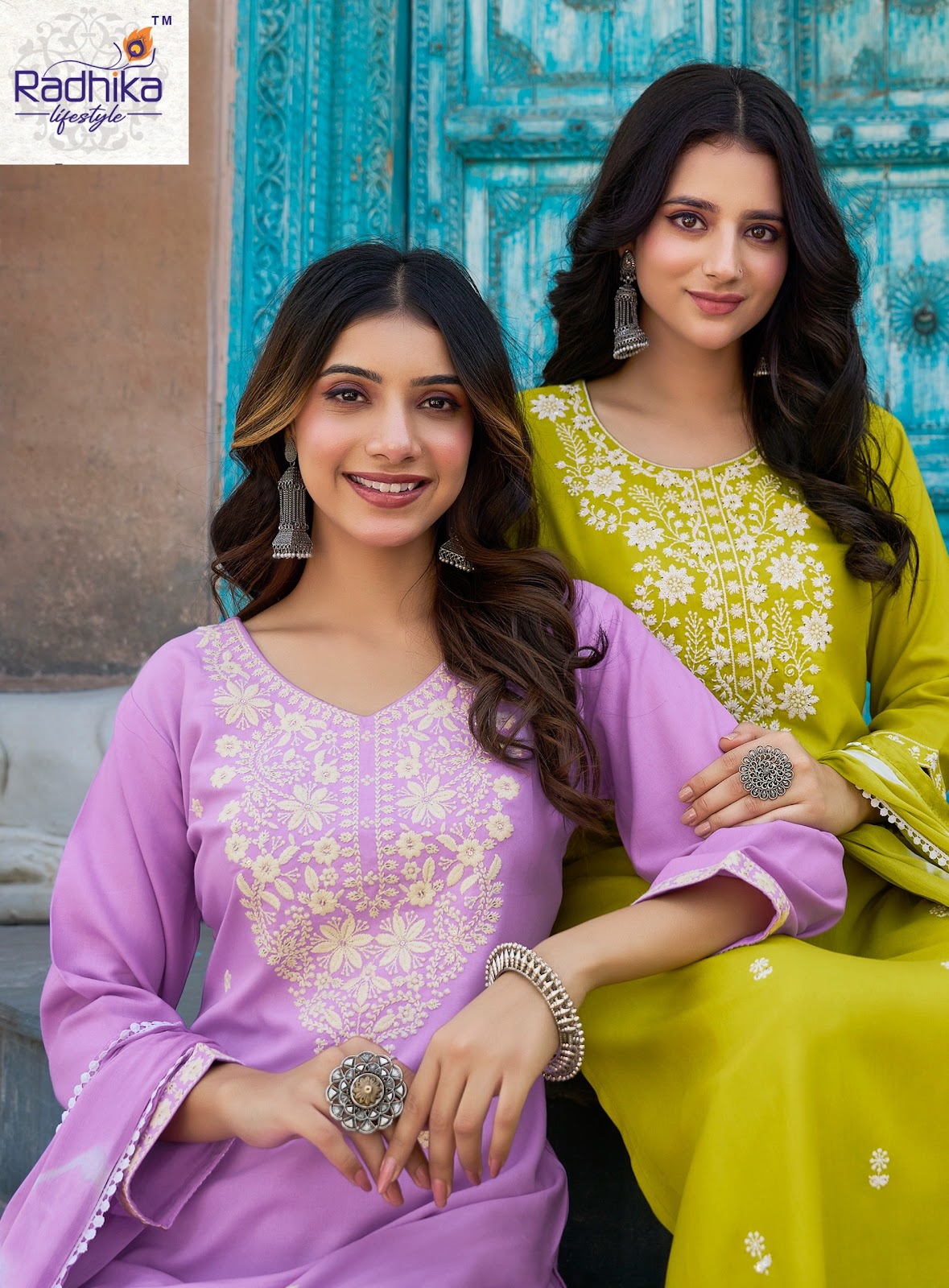 Lucknowi Vol 2 Radhika Lifestyle Liva Reyon Readymade Pant Style Suits Manufacturer Gujarat