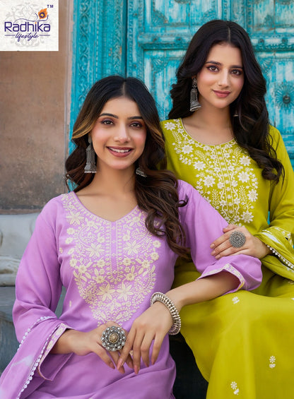 Lucknowi Vol 2 Radhika Lifestyle Liva Reyon Readymade Pant Style Suits Manufacturer Gujarat