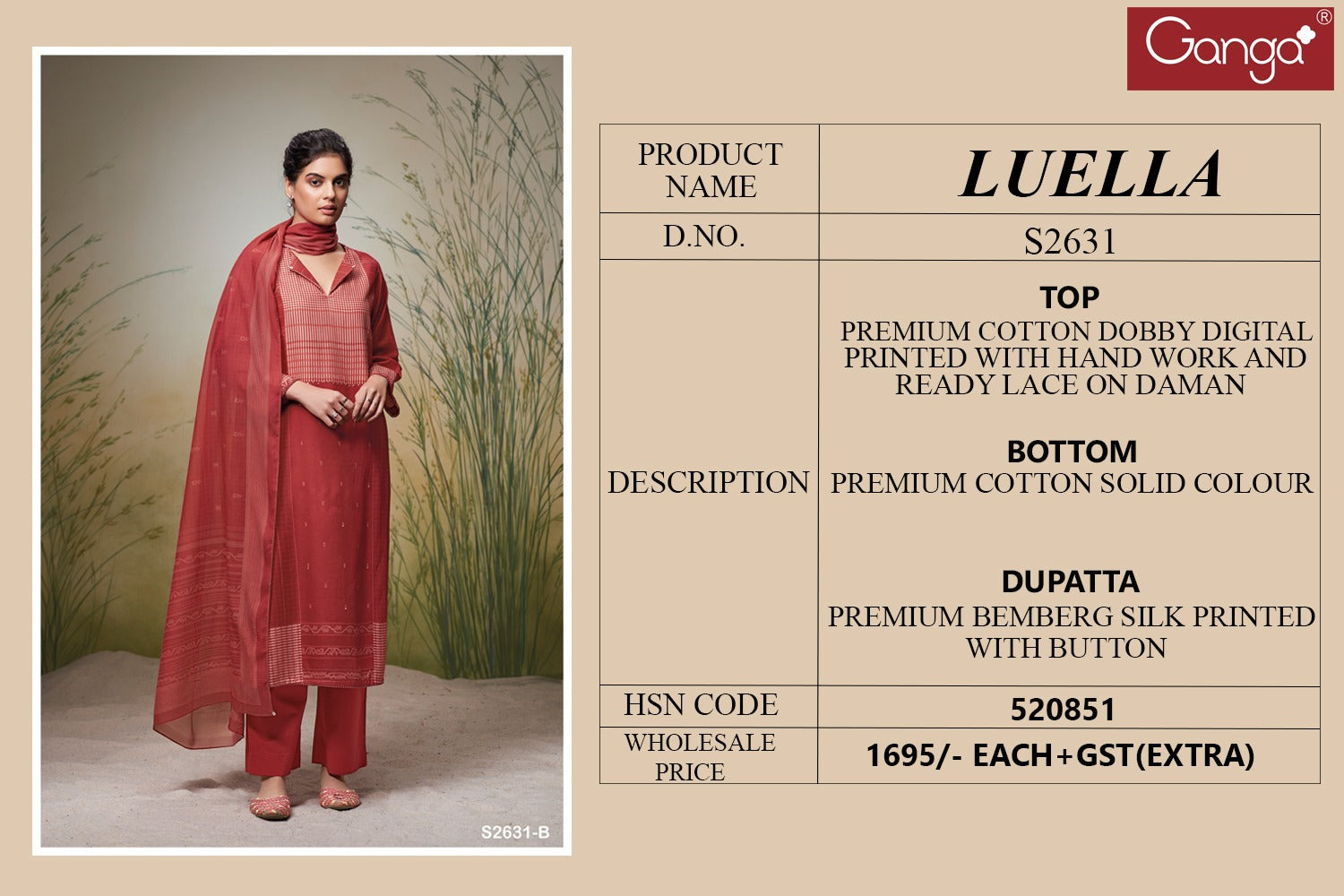 Luella 2631 Ganga Cotton Plazzo Style Suits Wholesale
