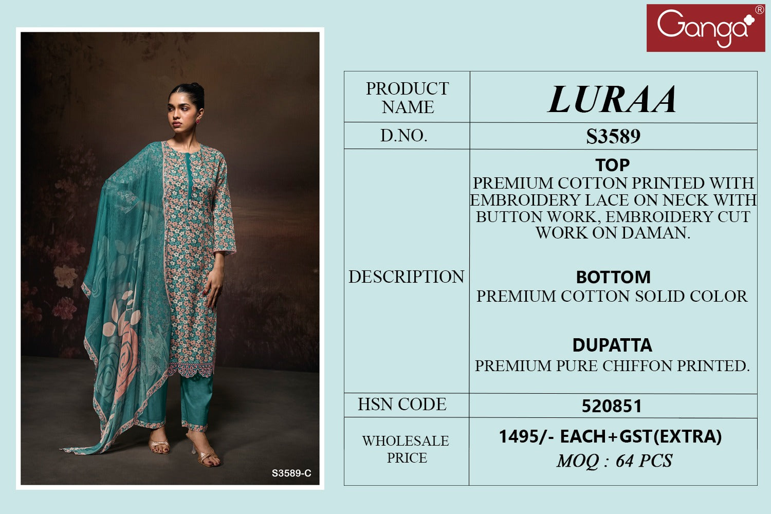 Luraa 3589 Ganga Premium Cotton Pant Style Suits Manufacturer