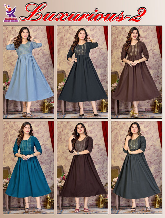 Luxurious Vol 2 Mlm Kalash Lifestyle Rayon 14Kg Anarkali Kurtis Supplier