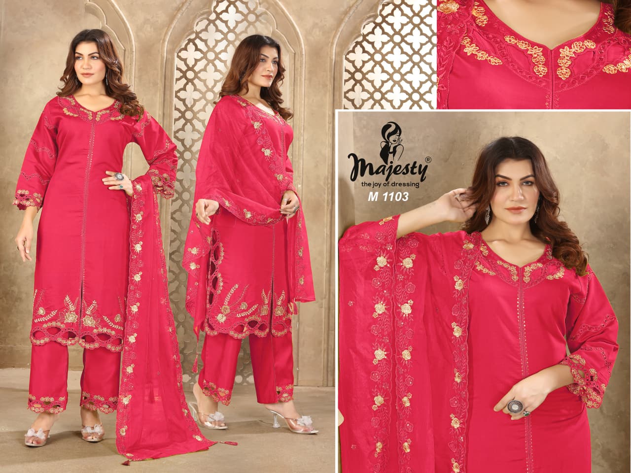 M1101 To M1104 Majesty Roman Silk Pakistani Salwar Suits Supplier India