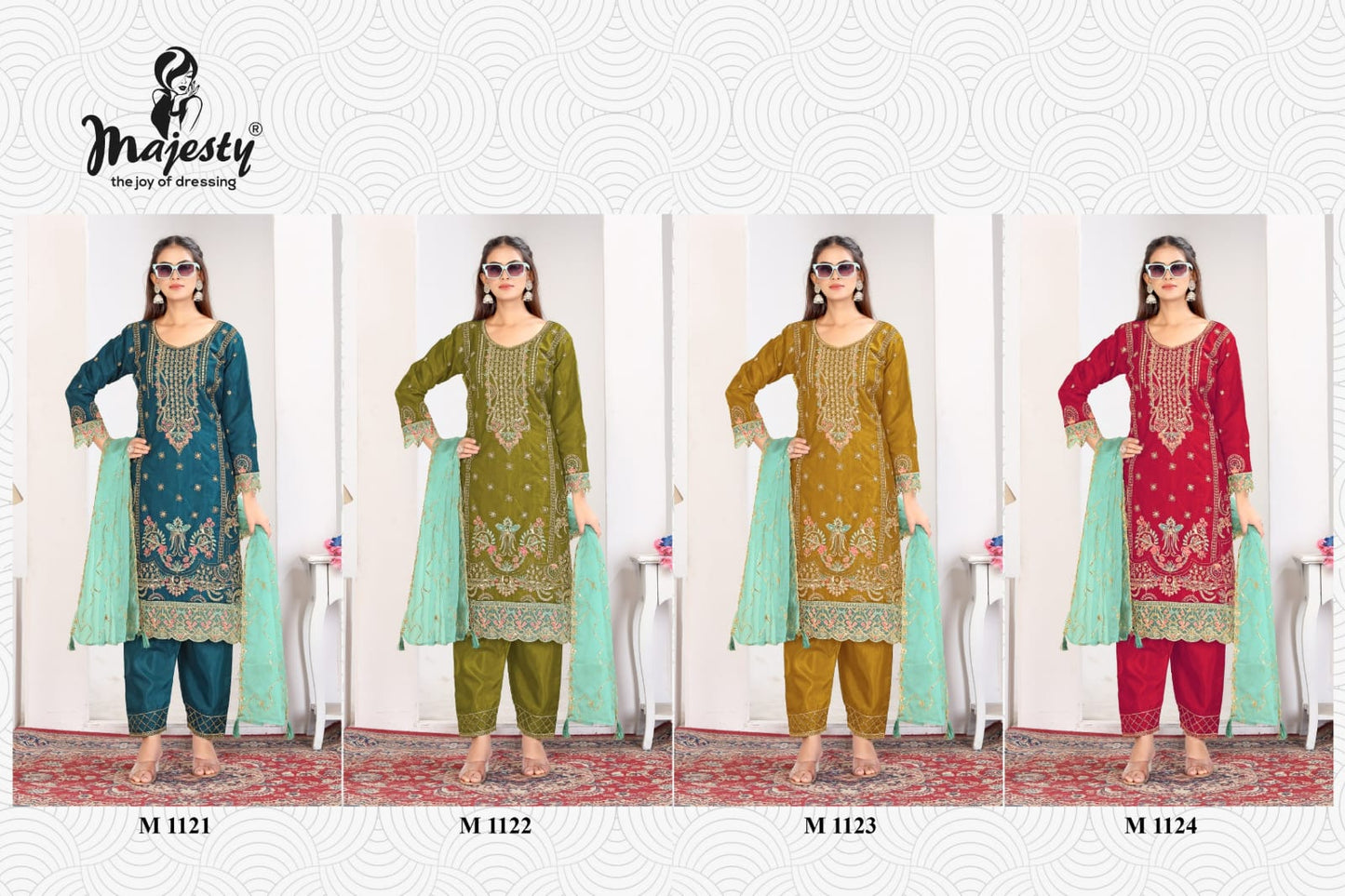 M 1121-1124 Majesty Organza Readymade Pant Style Suits Manufacturer India