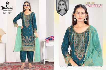M 1121-1124 Majesty Organza Readymade Pant Style Suits Manufacturer India