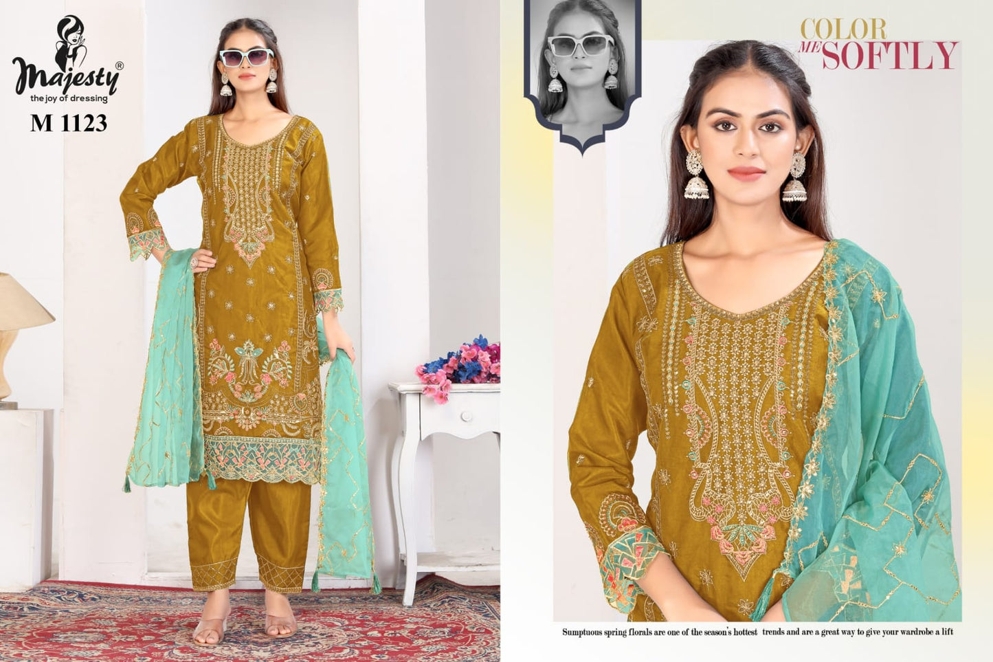 M 1121-1124 Majesty Organza Readymade Pant Style Suits Manufacturer India