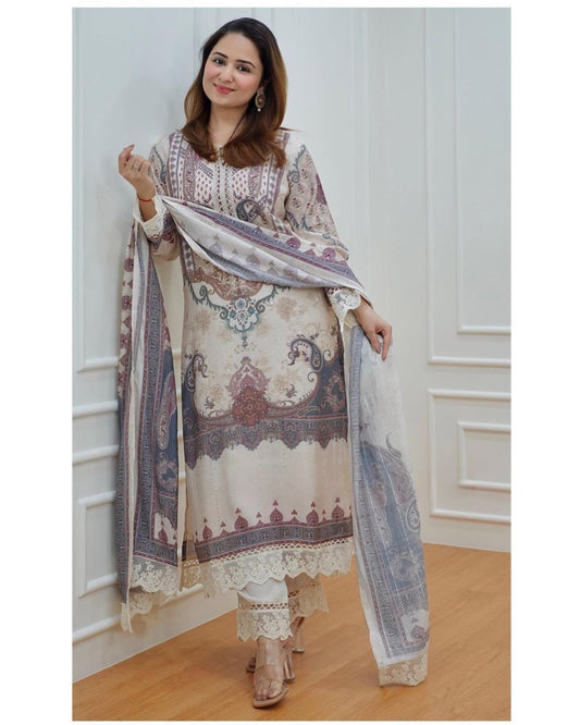 M Print White Afsana Muslin Pakistani Readymade Suits