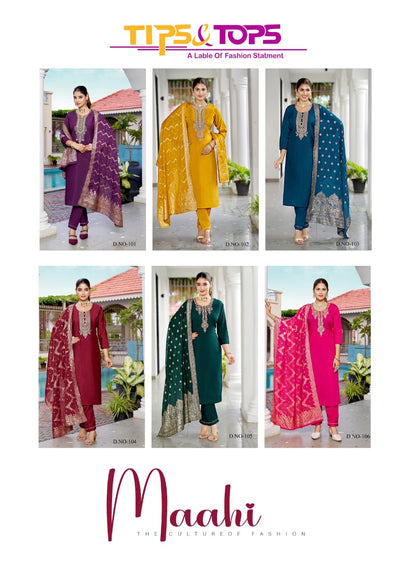 Maahi Tips Tops Roman Silk Readymade Pant Style Suits Wholesaler Ahmedabad