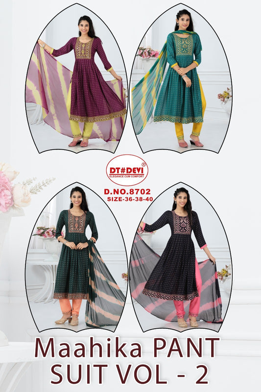 Maahika Vol 2 8702 Dt Devi Reyon Readymade Pant Style Suits Exporter