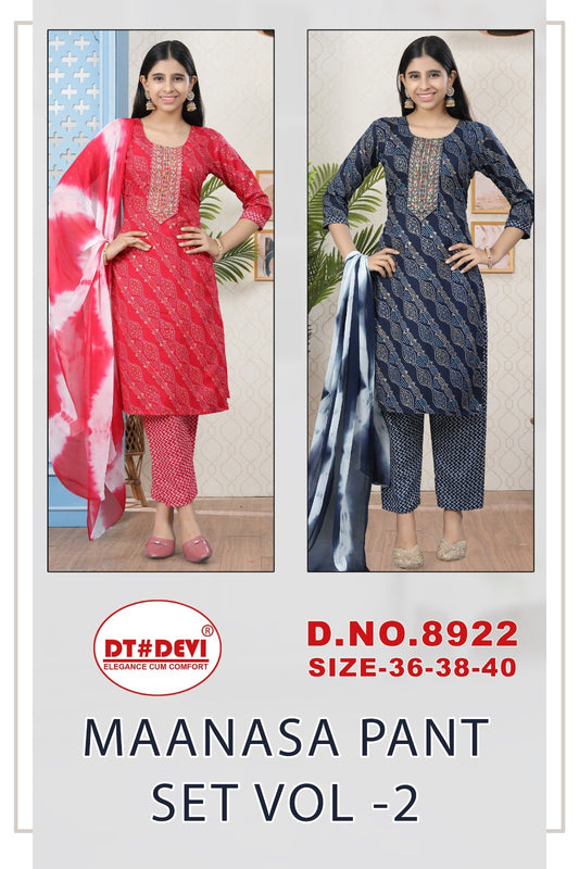 Maanasa Vol 2-8922 Dt Devi Rayon Girls Readymade Pant Suits Manufacturer Ahmedabad