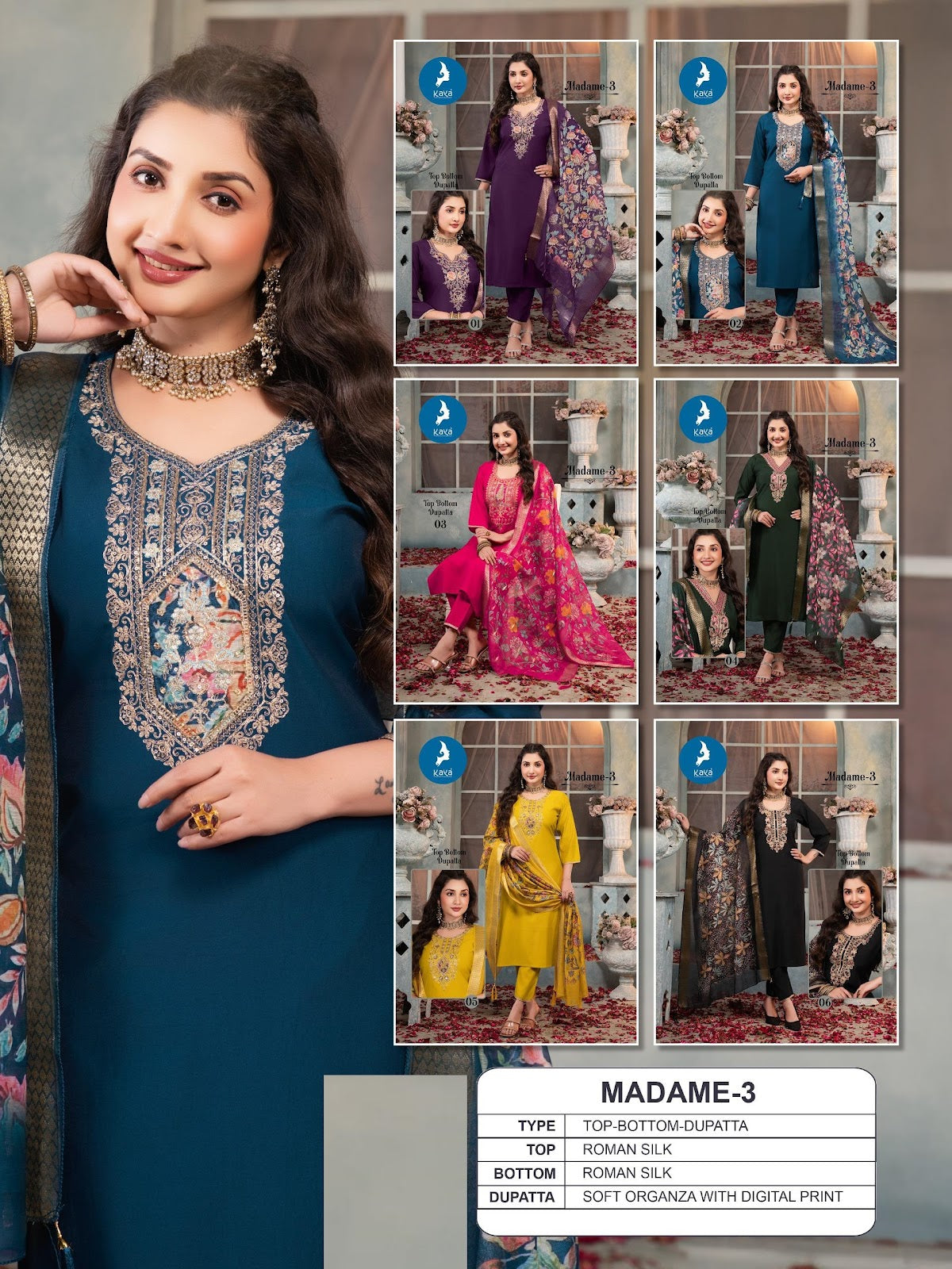 Madame 3 Kaya Roman Silk Readymade Pant Style Suits Manufacturer