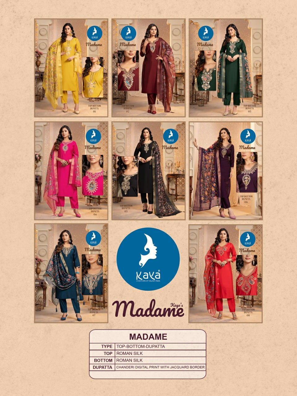 Madame Kaya Roman Silk Readymade Pant Style Suits Supplier India