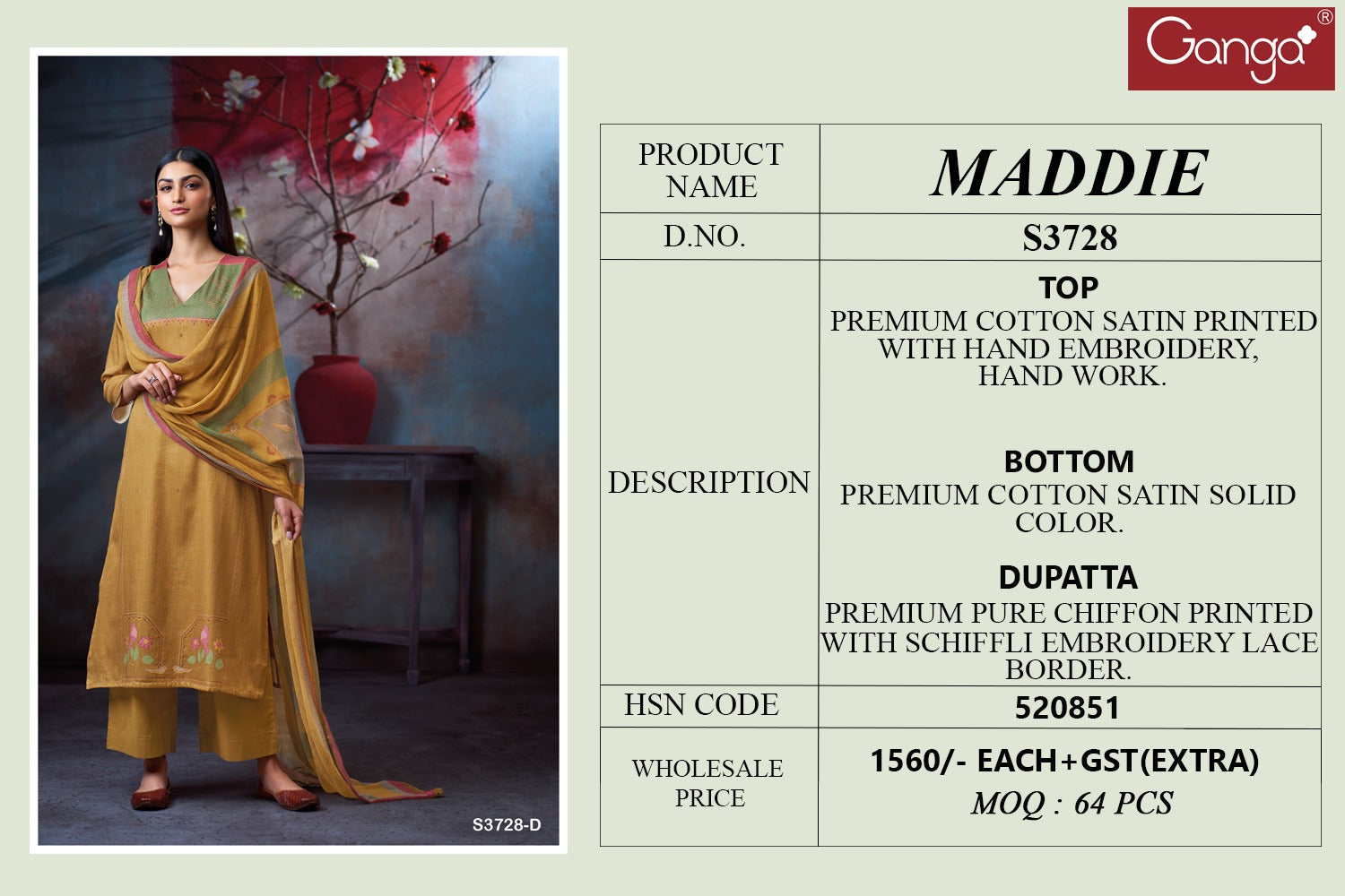 Maddie 3728 Ganga Cotton Satin Plazzo Style Suits Manufacturer
