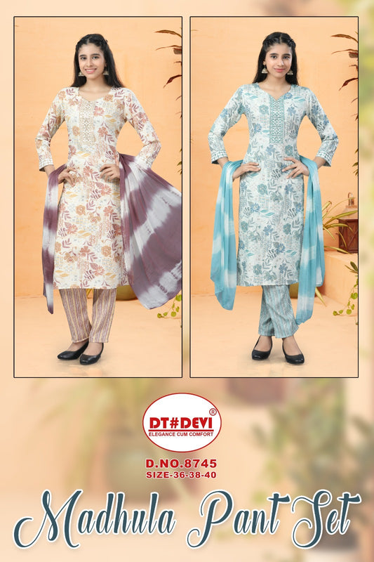 Madhula 8745 Dt Devi Capsule Readymade Pant Style Suits Exporter Gujarat