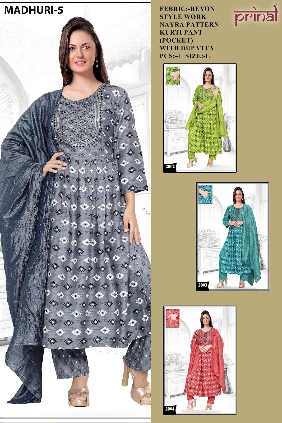 Madhuri 5 Nayra Cut Prinal Reyon Readymade Pant Style Suits Wholesaler Ahmedabad