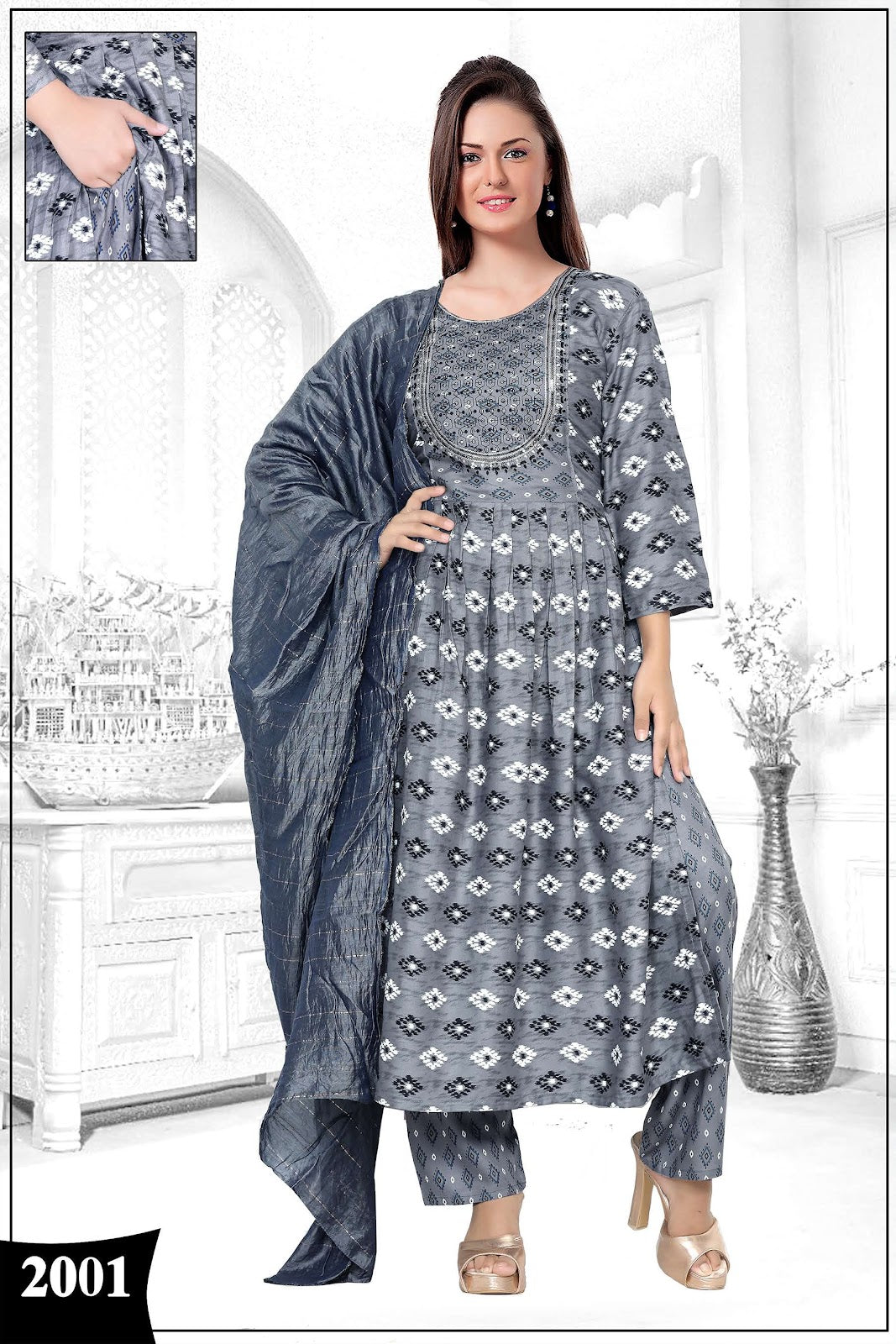 Madhuri 5 Nayra Cut Prinal Reyon Readymade Pant Style Suits Wholesaler Ahmedabad