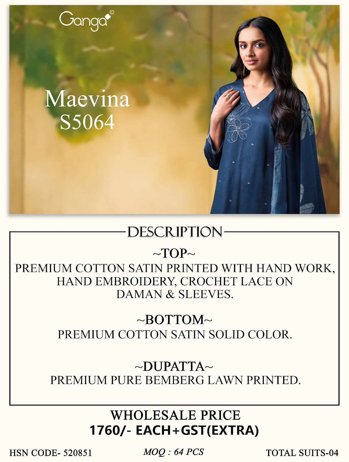 Maevina S5064 Ganga Cotton Satin Plazzo Style Suits Wholesale Price