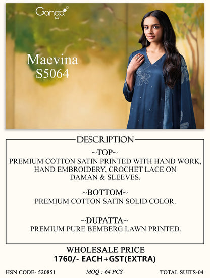 Maevina S5064 Ganga Cotton Satin Plazzo Style Suits Wholesale Price