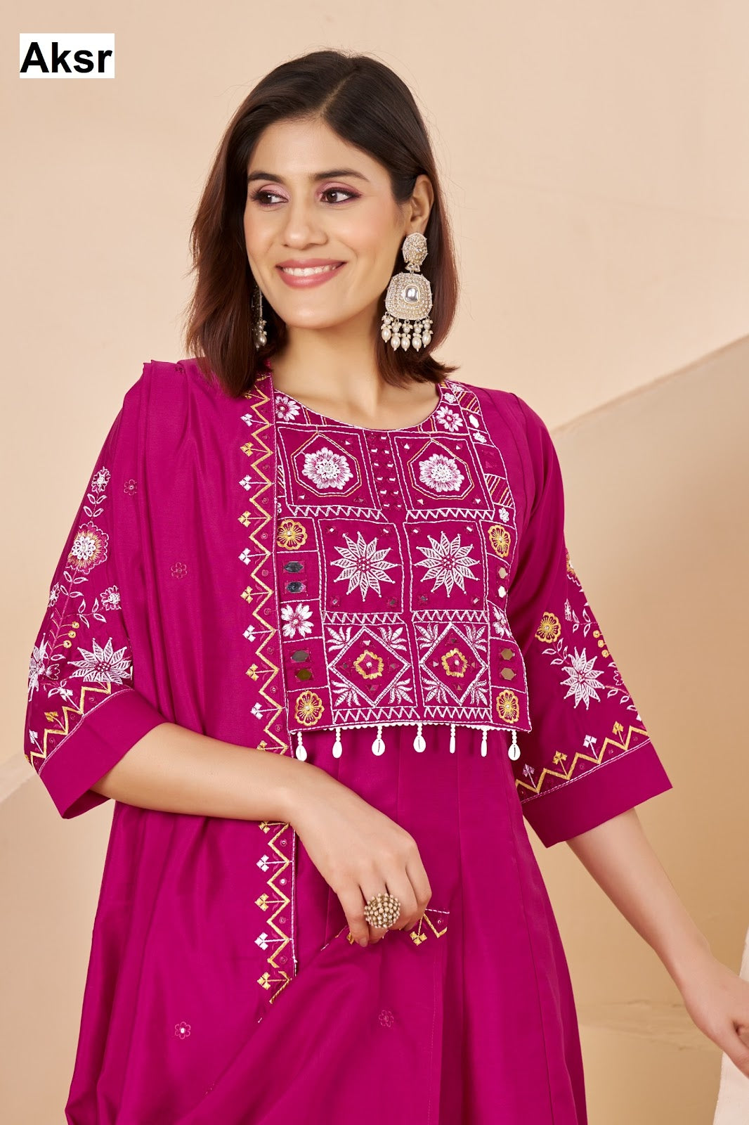 Magenta Aksr Roman Silk Readymade Anarkali Suits Wholesale Price