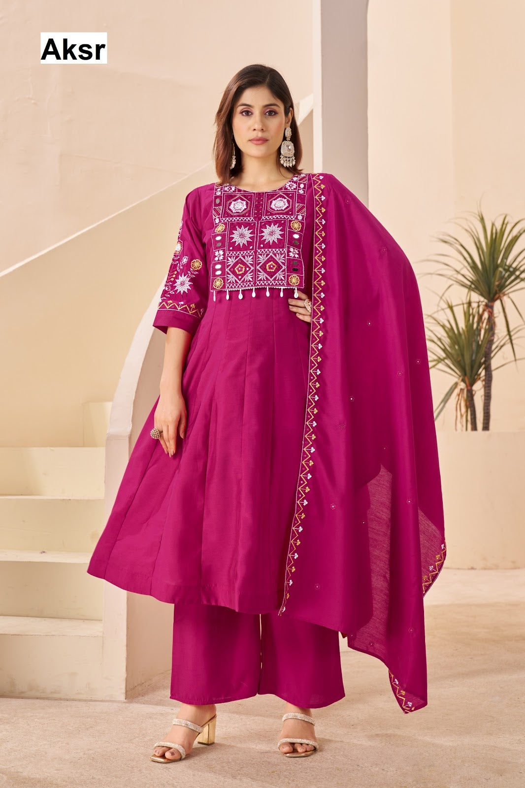 Magenta Aksr Roman Silk Readymade Anarkali Suits Wholesale Price