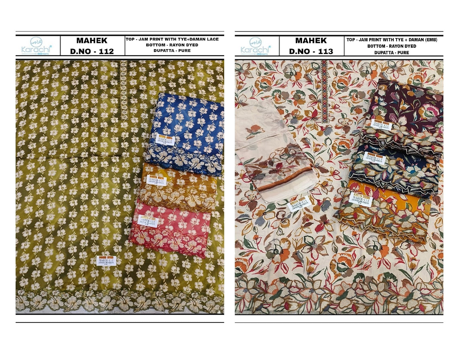 Mahek 112-113 Karachi Prints Jaam Salwar Suits Wholesaler