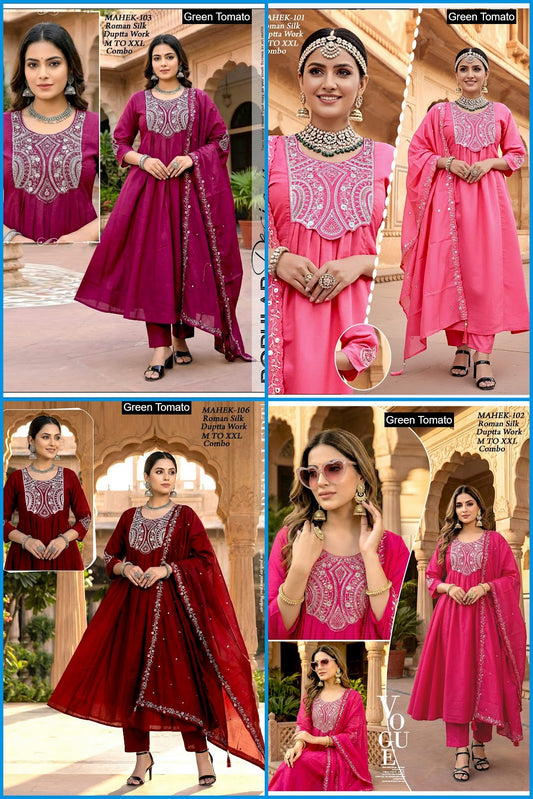 Mahek Green Tomato Roman Silk Readymade Anarkali Suits Wholesaler Gujarat