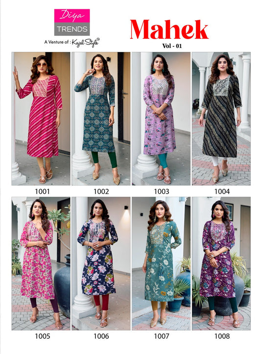 Mahek Vol 1 Diya Trends Heavy Reyon Long Straight Kurti Supplier India
