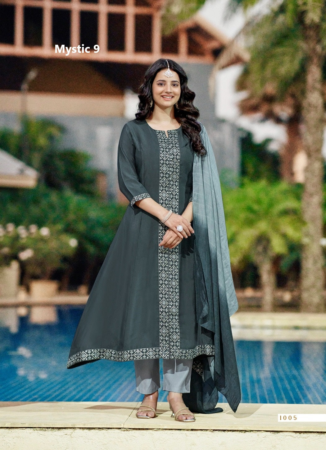 Mahek Vol 1 Mystic 9 Roman Silk Readymade Pant Style Suits Wholesale Rate
