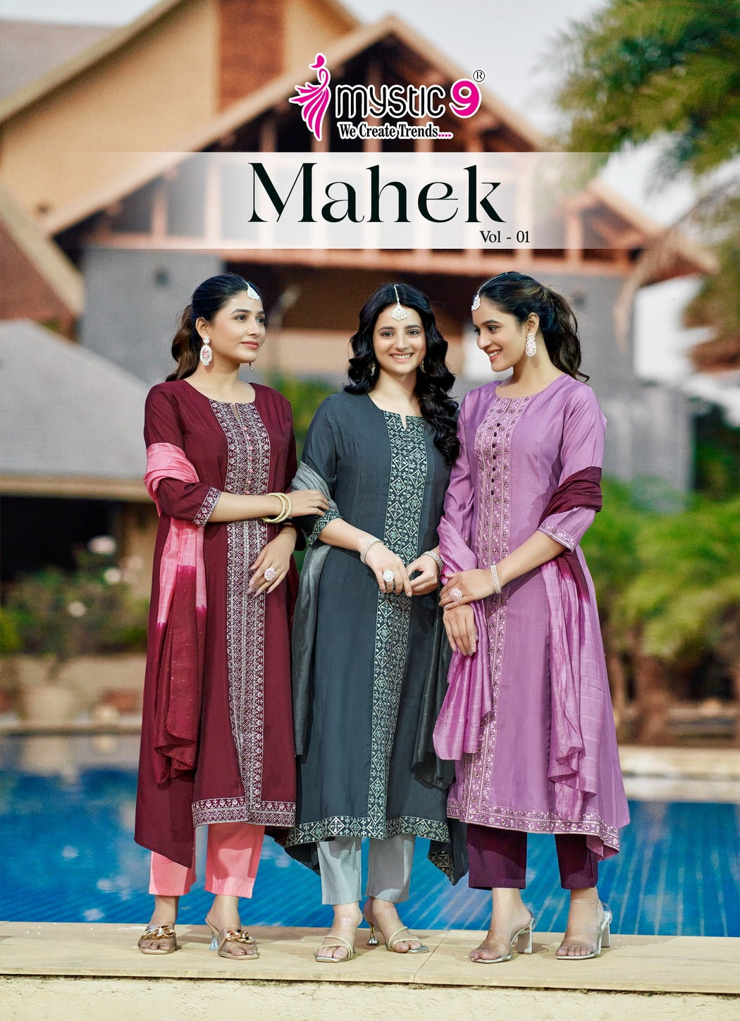 Mahek Vol 1 Mystic 9 Roman Silk Readymade Pant Style Suits Wholesale Rate