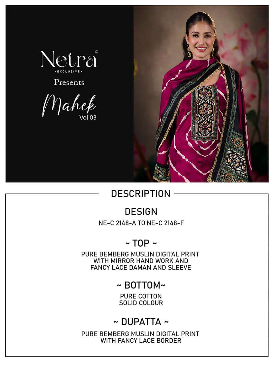 Mahek Vol 3 Netra Bemberg Muslin Pant Style Suits Wholesale