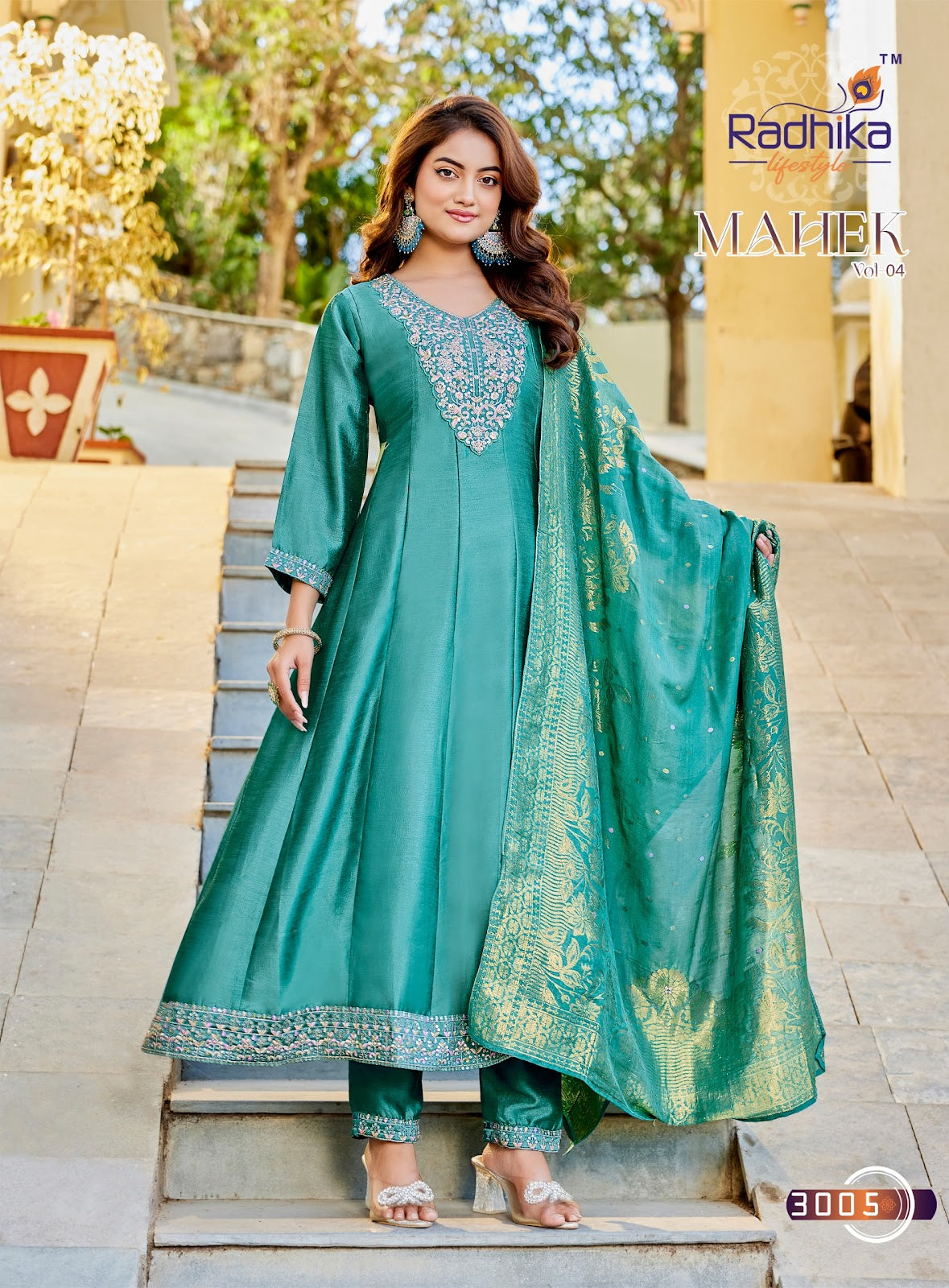 Mahek Vol 4 Radhika Lifestyle Vichitra Silk Readymade Anarkali Suits Wholesaler Gujarat