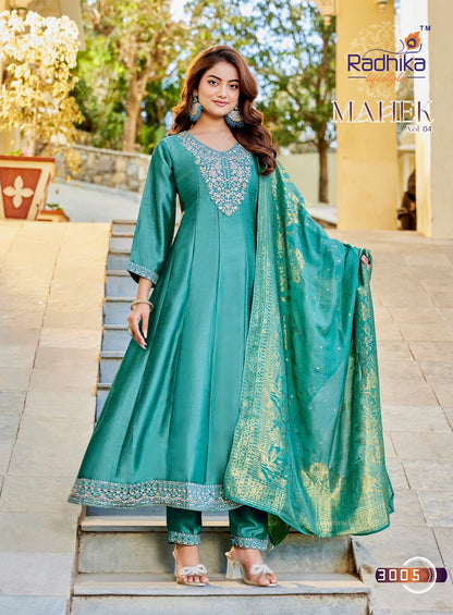 Mahek Vol 4 Radhika Lifestyle Vichitra Silk Readymade Anarkali Suits Wholesaler Gujarat