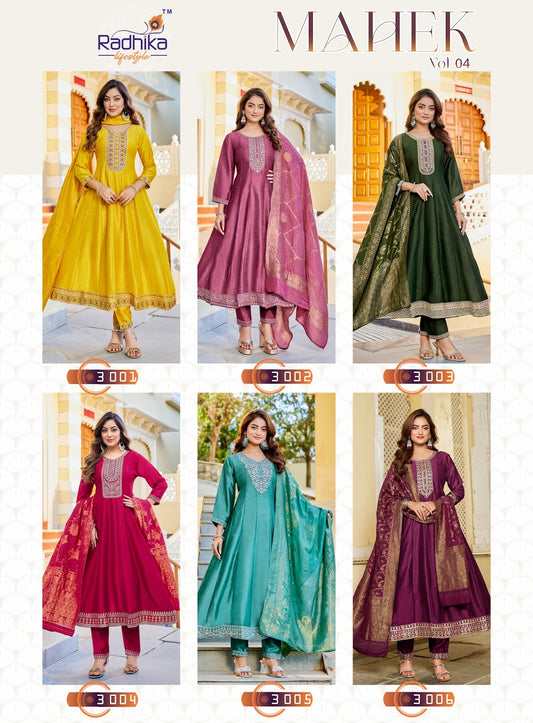 Mahek Vol 4 Radhika Lifestyle Vichitra Silk Readymade Anarkali Suits Wholesaler Gujarat