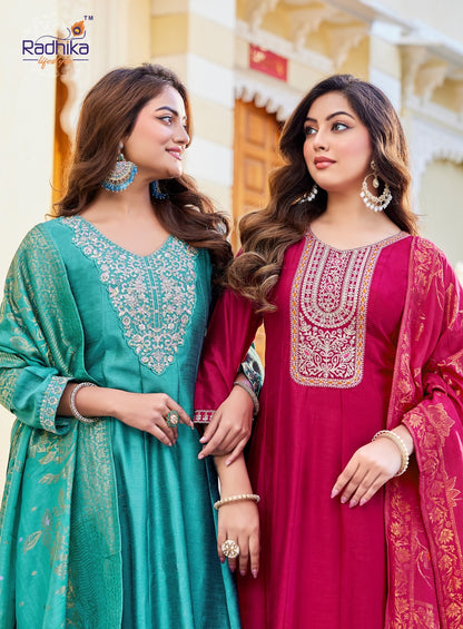 Mahek Vol 4 Radhika Lifestyle Vichitra Silk Readymade Anarkali Suits Wholesaler Gujarat