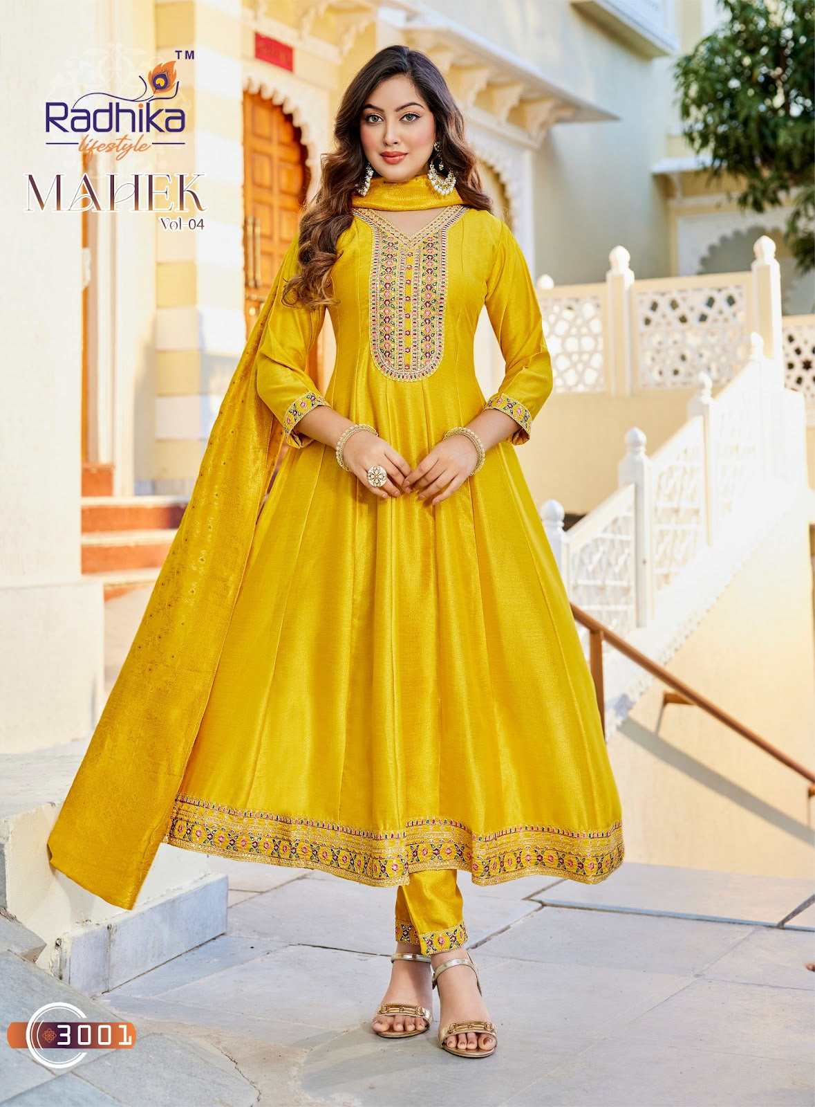 Mahek Vol 4 Radhika Lifestyle Vichitra Silk Readymade Anarkali Suits Wholesaler Gujarat