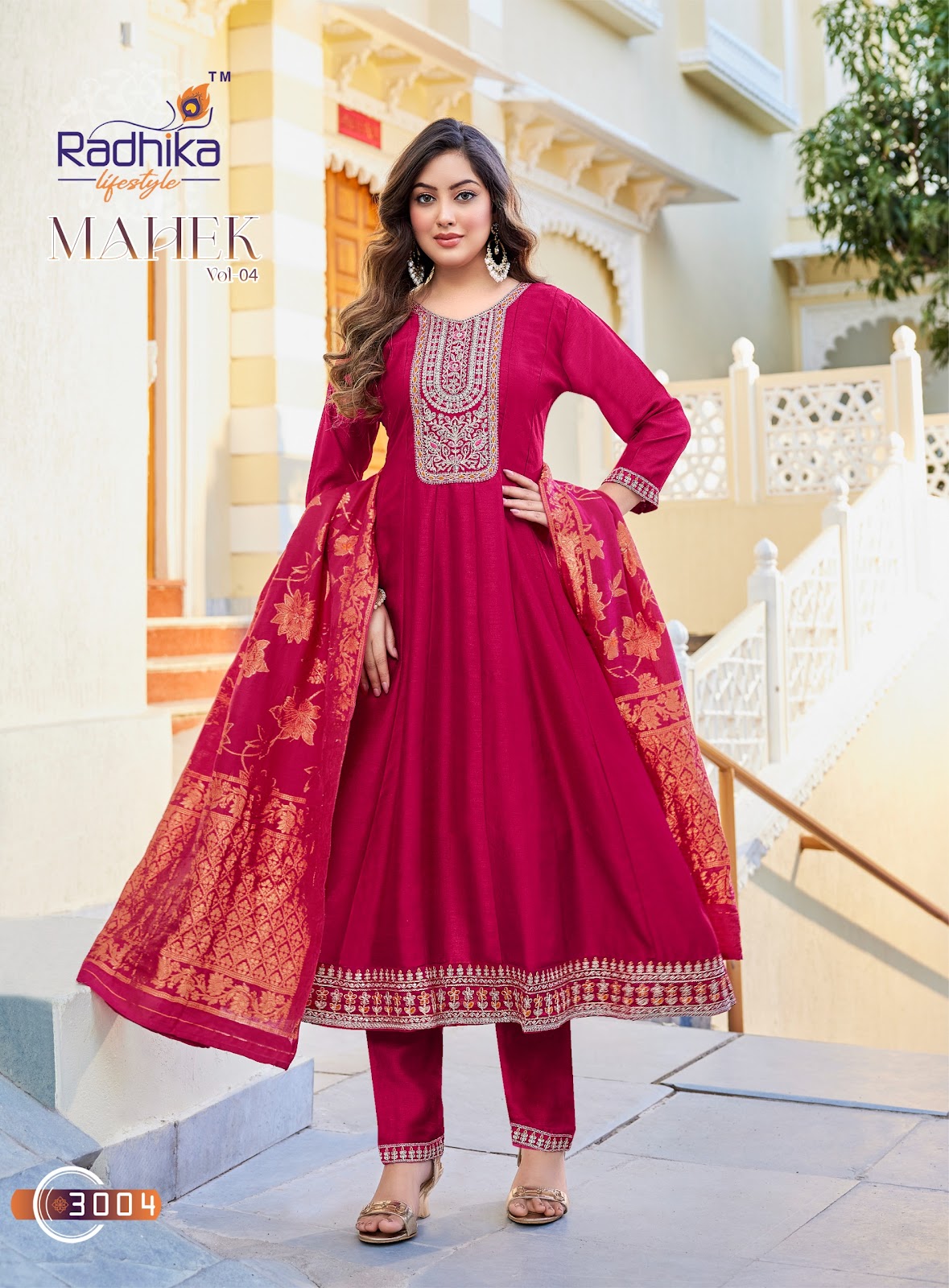 Mahek Vol 4 Radhika Lifestyle Vichitra Silk Readymade Anarkali Suits Wholesaler Gujarat