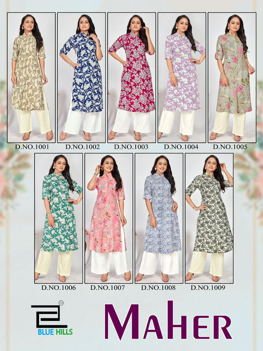 Maher Blue Hills Rayon 14Kg A-Line Kurti Wholesale Rate