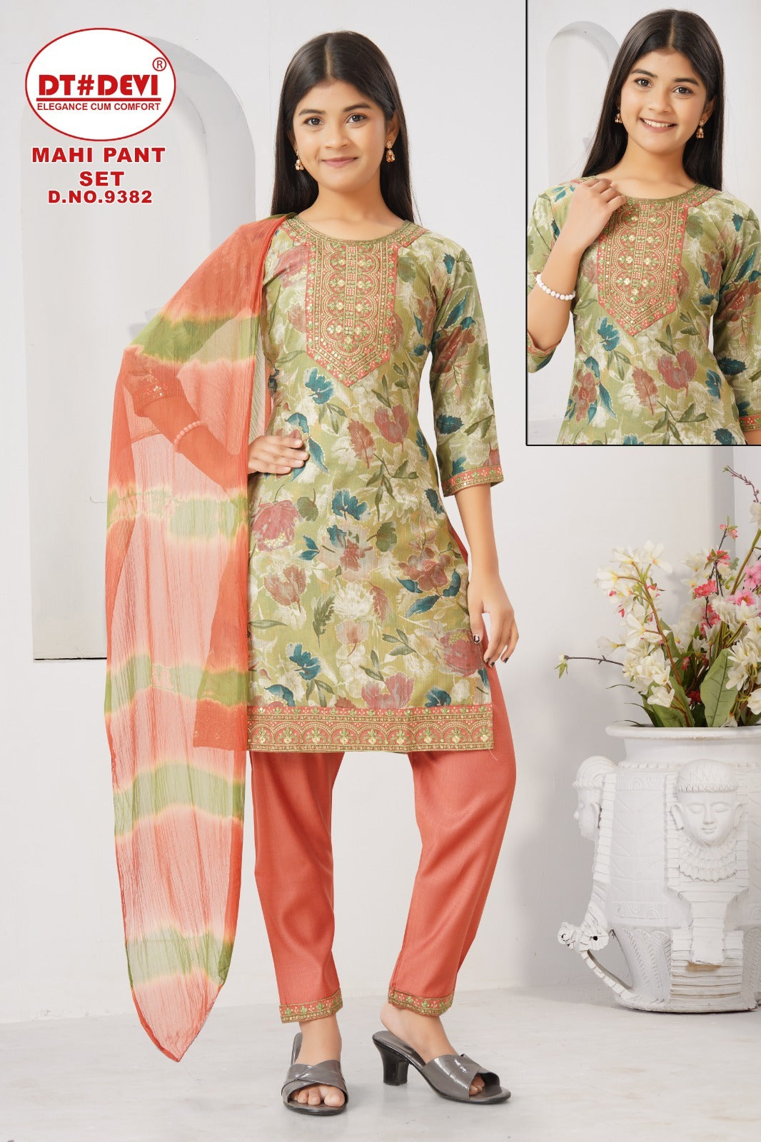 Mahi Dn 9382 Dt Devi Vetican Silk Girls Readymade Pant Suits Wholesale
