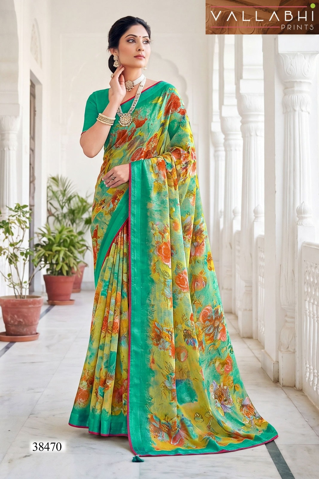 Mahisuta Vallabhi Prints Dull Moss Sarees Wholesaler Ahmedabad