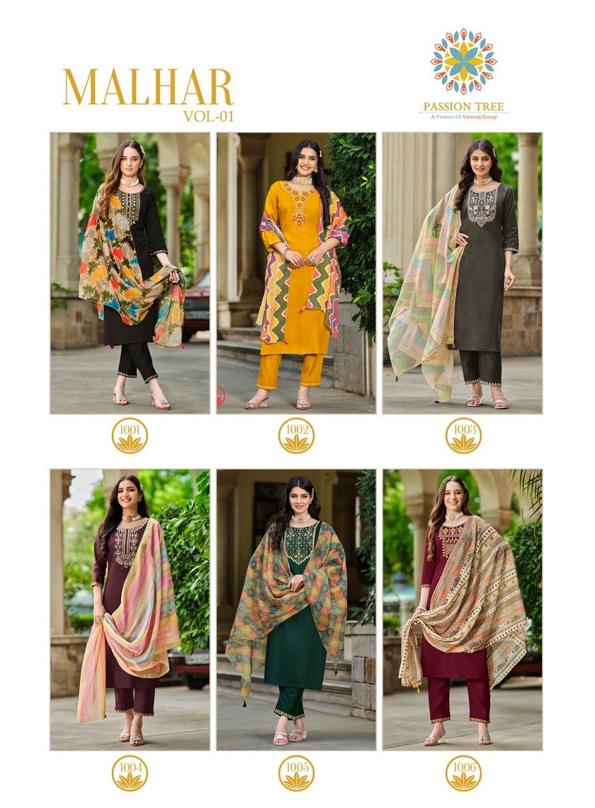 Malhar Vol 1 Passion Tree Roman Silk Readymade Pant Style Suits Supplier