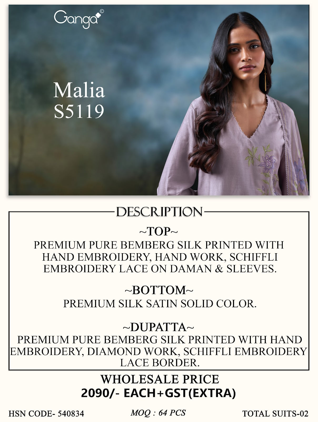 Malia S5119 Ganga Bemberg Silk Pant Style Suits Wholesale