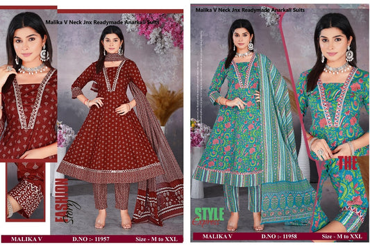 Malika V Neck Jnx Cambric Readymade Anarkali Suits Wholesale Price