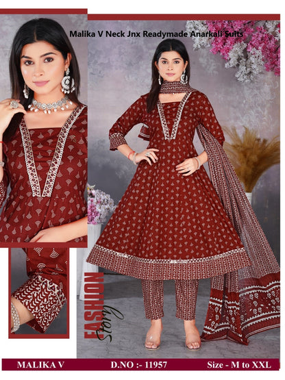 Malika V Neck Jnx Cambric Readymade Anarkali Suits Wholesale Price