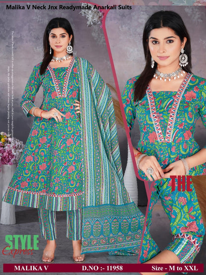 Malika V Neck Jnx Cambric Readymade Anarkali Suits Wholesale Price