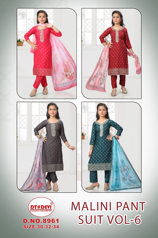 Malini Vol 6 Design 8961 Dt Devi Roman Girls Readymade Pant Suits Wholesale Rate