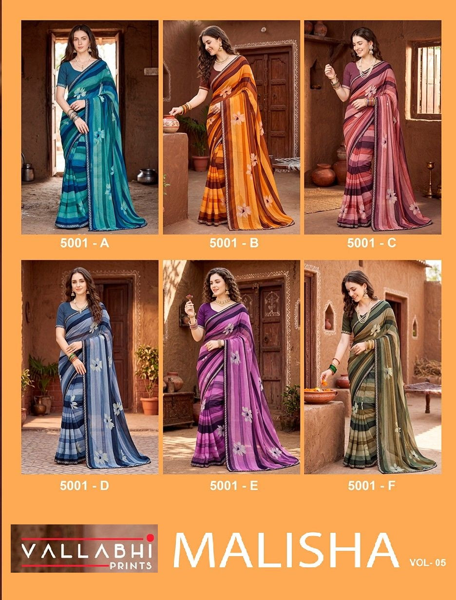 Malisha Vol 5 Vallabhi Prints Weightless Sarees Wholesaler Ahmedabad