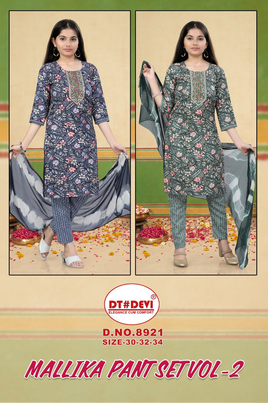 Mallika Vol 2 8921 Dt Devi Rayon Girls Readymade Pant Suits Wholesale Rate