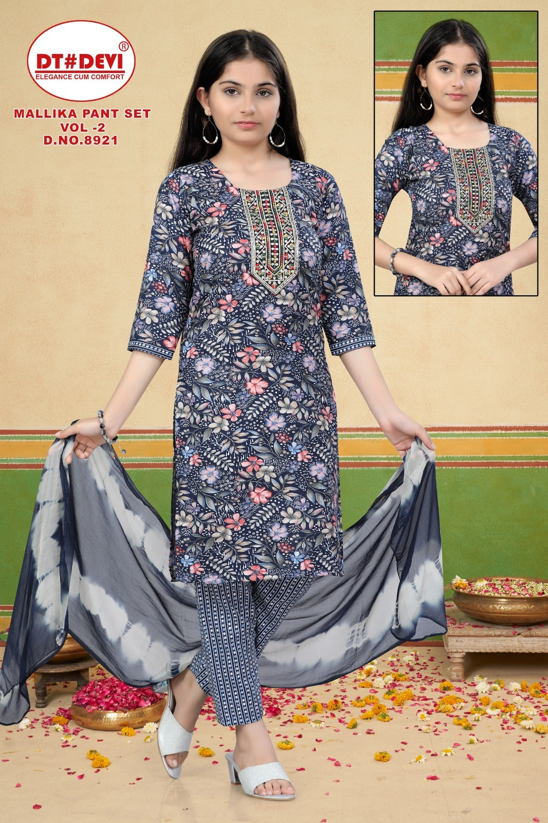 Mallika Vol 2 8921 Dt Devi Rayon Girls Readymade Pant Suits Wholesale Rate