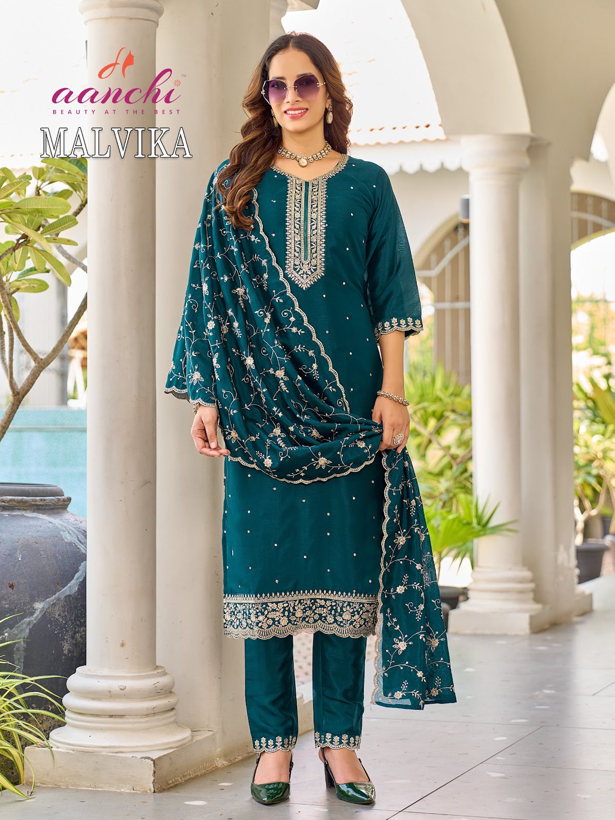 Malvika Aanchi Crystal Silk Readymade Pant Style Suits Wholesaler