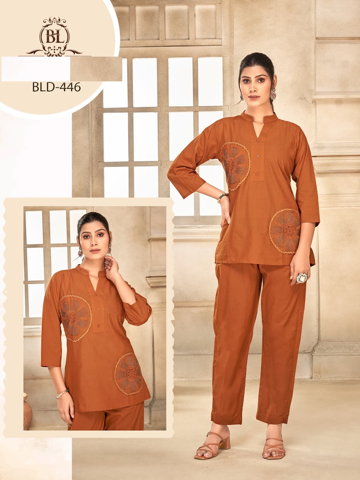 Mandarin Collar 0707 Bl Cambric Cotton Co Ord Set Supplier